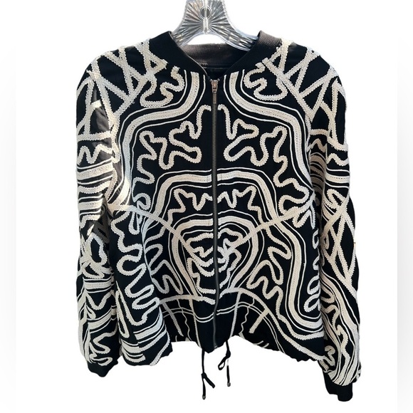 Next outerwear black and white all over embroidered bomber zip up jacket - Picture 1 of 7